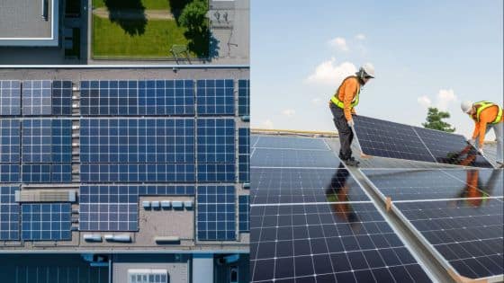 Technicians performing industrial solar panel installation on a factory rooftop with high-efficiency industrial solar systems.