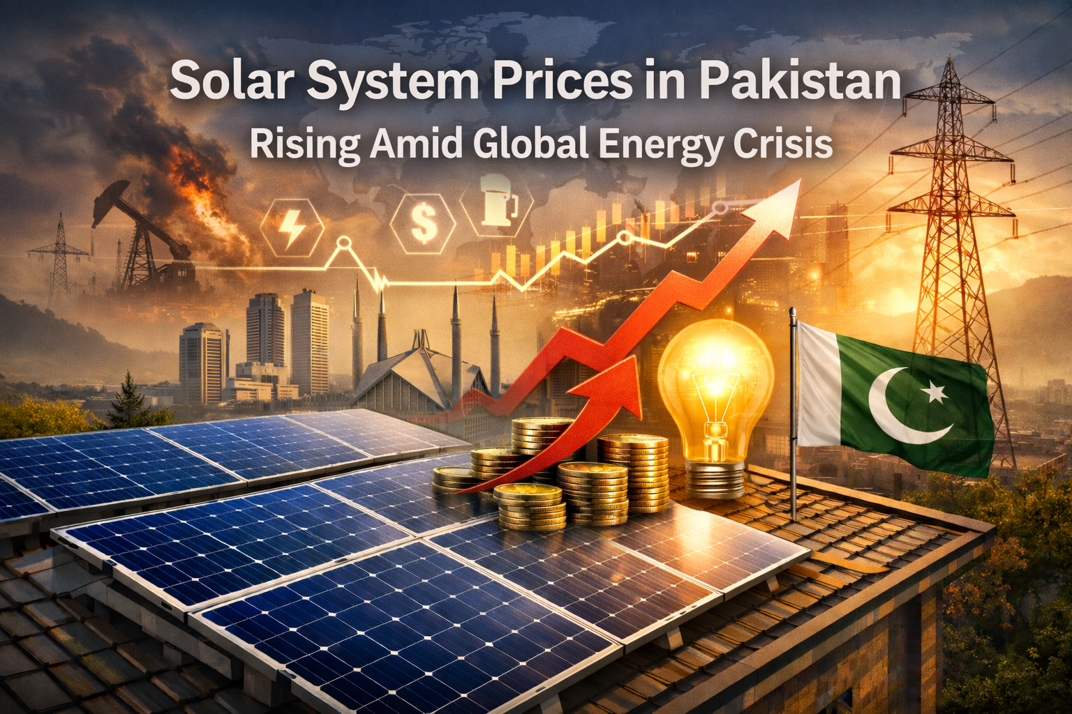 Rooftop solar panels in Pakistan with city skyline, rising electricity cost symbols, global energy trends, and Pakistani flag, illustrating increasing solar system prices amid global energy crisis