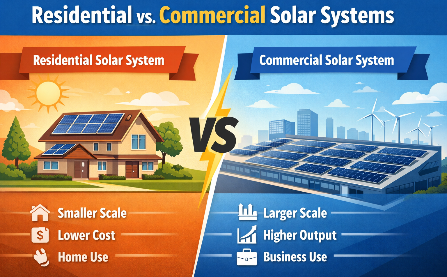 Infographic comparing Residential vs Commercial Solar Systems with a home rooftop solar setup on the left and a large commercial building with solar panels on the right.