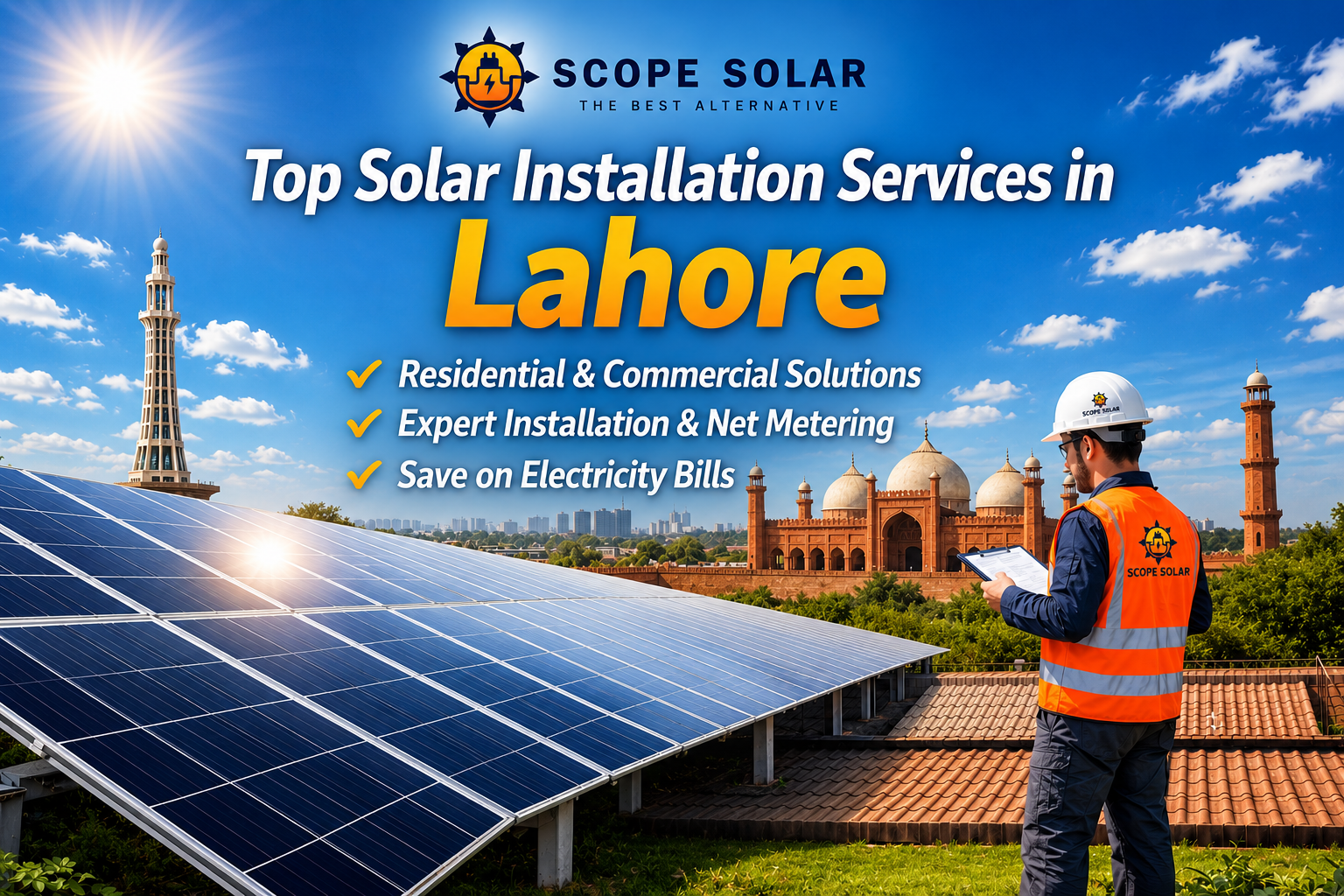 Rooftop solar panel installation in Lahore with a technician inspecting panels, showing Minar-e-Pakistan and Badshahi Mosque in the background, representing top solar installation services by Scope Solar.