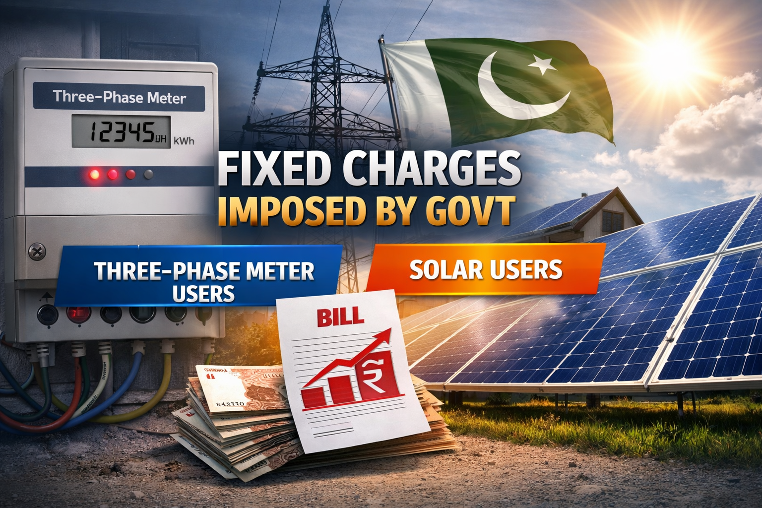Govt imposes fixed charges on three-phase meter and solar users showing solar panels, electricity meter, and rising electricity bill concept.