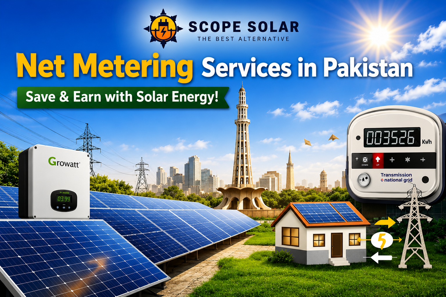 Rooftop solar panels with a digital meter showing energy export, representing Scope Solar Net Metering Services in Pakistan.