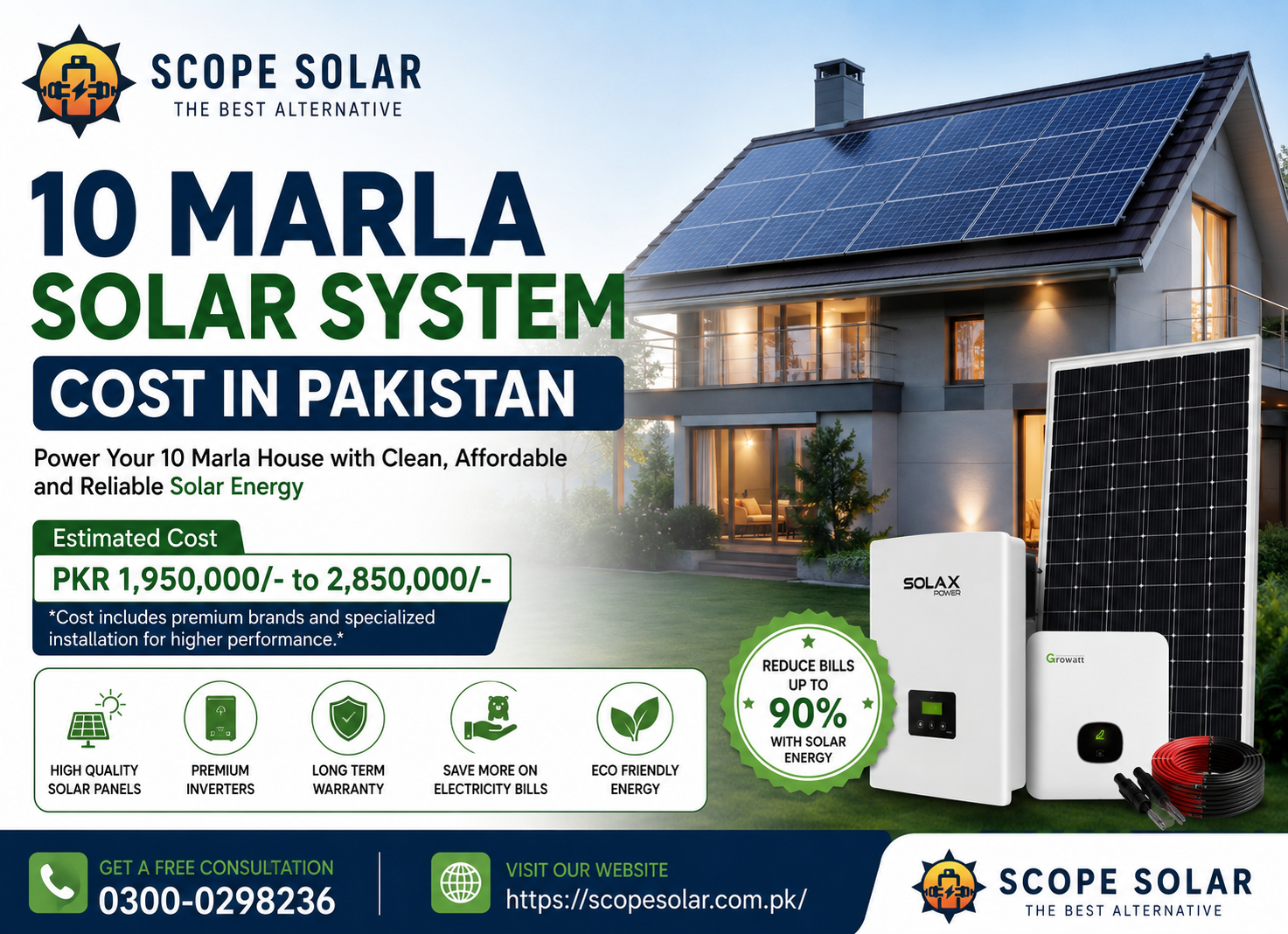 Landscape promotional image for “10 Marla Solar System Cost in Pakistan” featuring a modern house with rooftop solar panels, solar inverter, battery system, and solar panel equipment. The banner includes the website name “Scope Solar” with the URL “scopesolar.com.pk” and highlights affordable solar energy solutions for 10 marla homes in Pakistan.