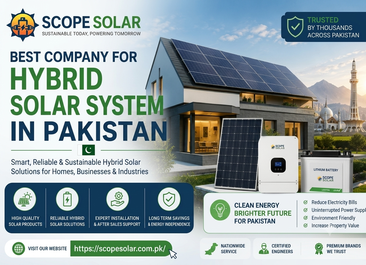 Choose Scope Solar for advanced hybrid solar systems in Pakistan. Get uninterrupted power, lower electricity bills, expert installation, and high-quality solar products tailored to your energy needs.