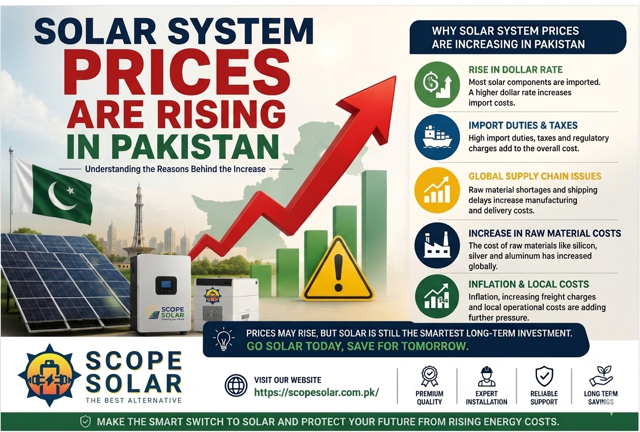 Solar system prices are rising in Pakistan – Scope Solar landscape banner showing solar panels, rising price arrow, and key stats including hybrid solar system, industrial solar panels price, and solar installation cost in Pakistan