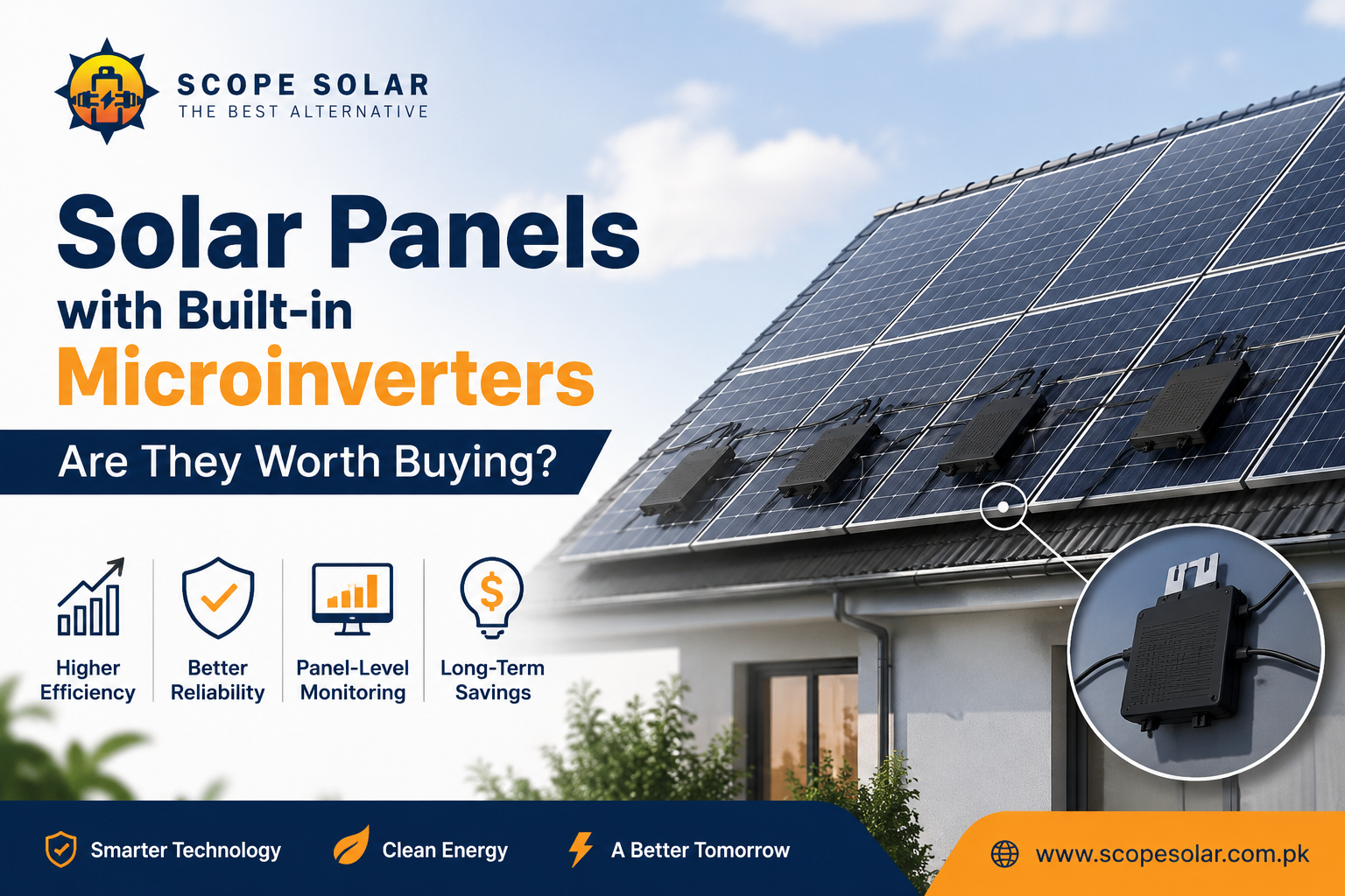 Solar panels with built-in microinverters installed on a residential rooftop, showcasing advanced solar technology for improved efficiency and performance | Scope Solar