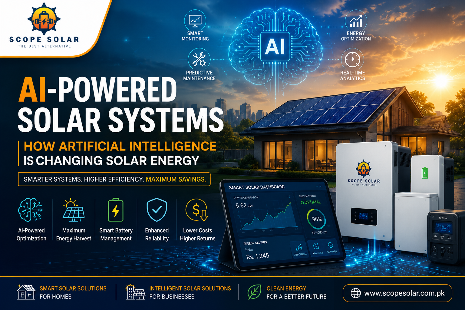 AI-Powered Solar Systems by Scope Solar showcasing how artificial intelligence is changing solar energy with smart monitoring, predictive maintenance, and intelligent solar optimization in Pakistan.