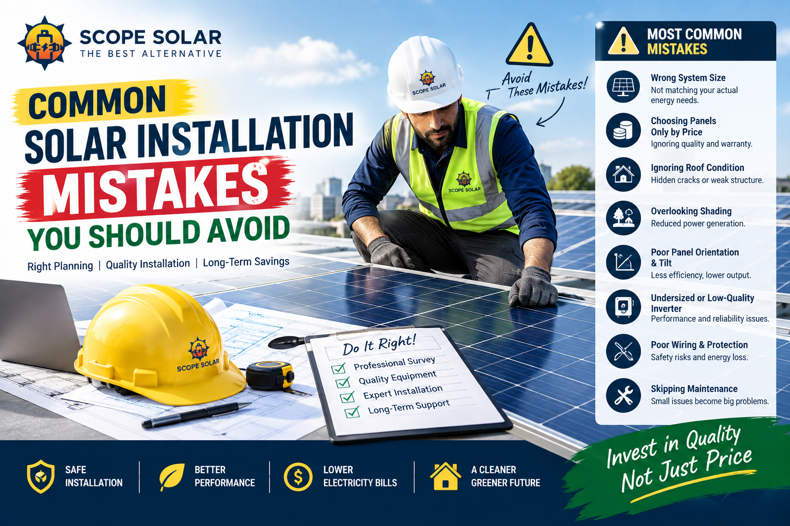 Common solar installation mistakes to avoid during residential and commercial solar panel installation by Scope Solar