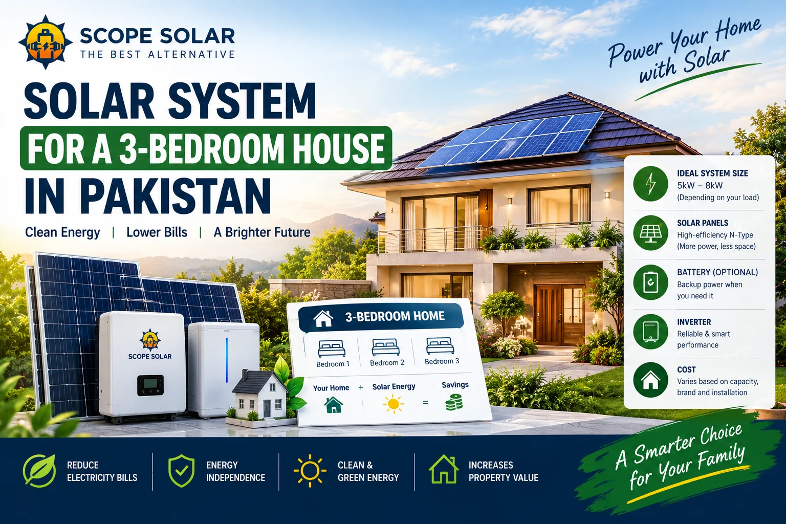 Solar system for a 3-bedroom house in Pakistan with rooftop solar panels, inverter and battery by Scope Solar