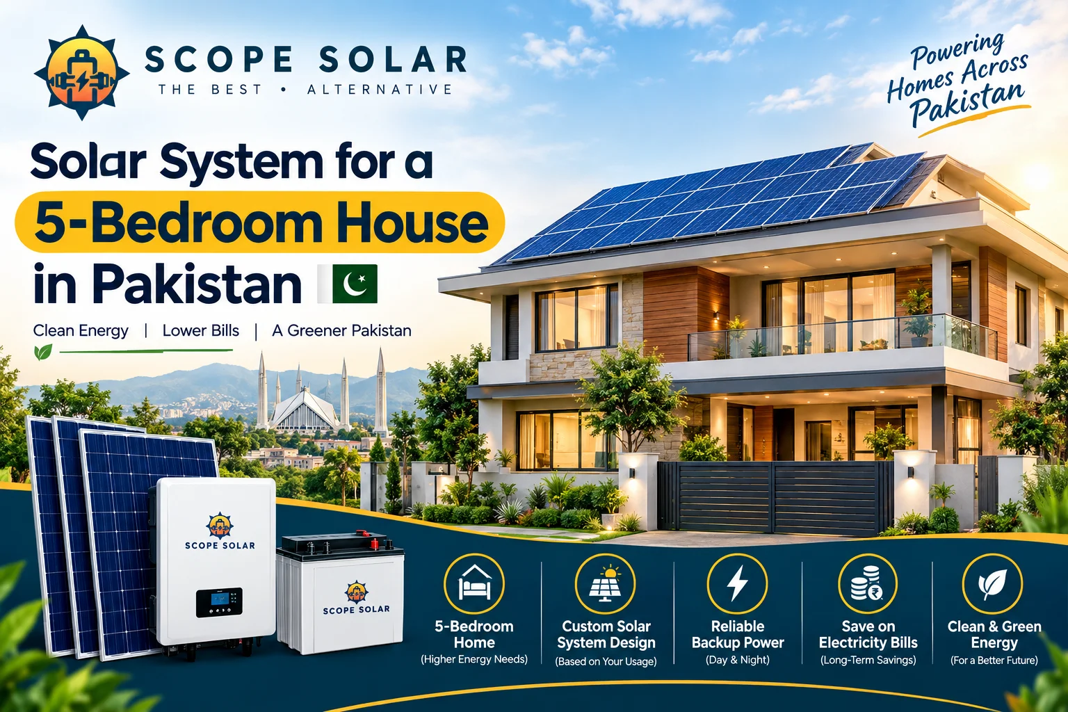 Solar system for a 5-bedroom house in Pakistan with rooftop solar panels, inverter and battery by Scope Solar