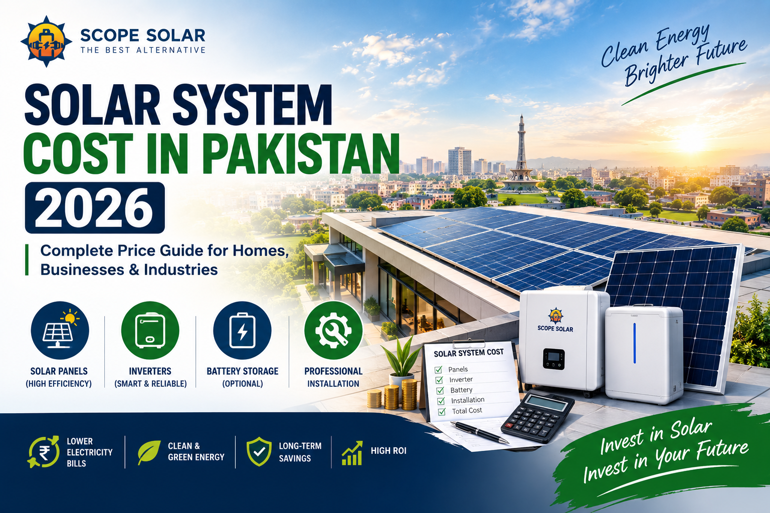 Solar System Cost in Pakistan 2026 showing solar panels, inverter and battery installation by Scope Solar