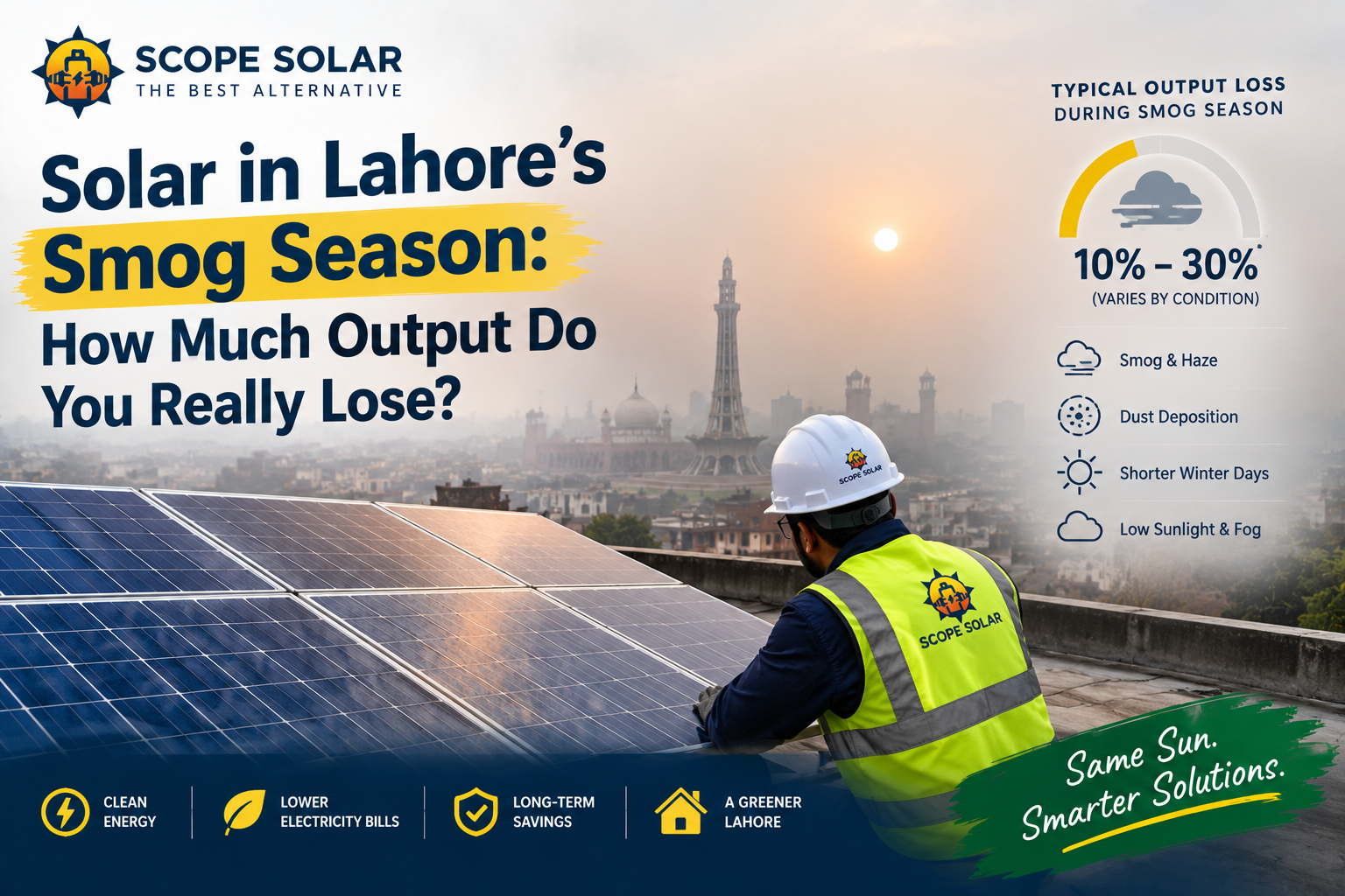 Solar panels in Lahore during smog season showing the impact of haze and dust on solar energy generation by Scope Solar
